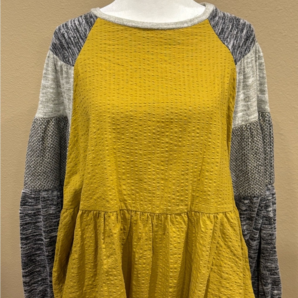 THML Gray Colorblocked Top with Textured Yellow Body and Ruffled Hem